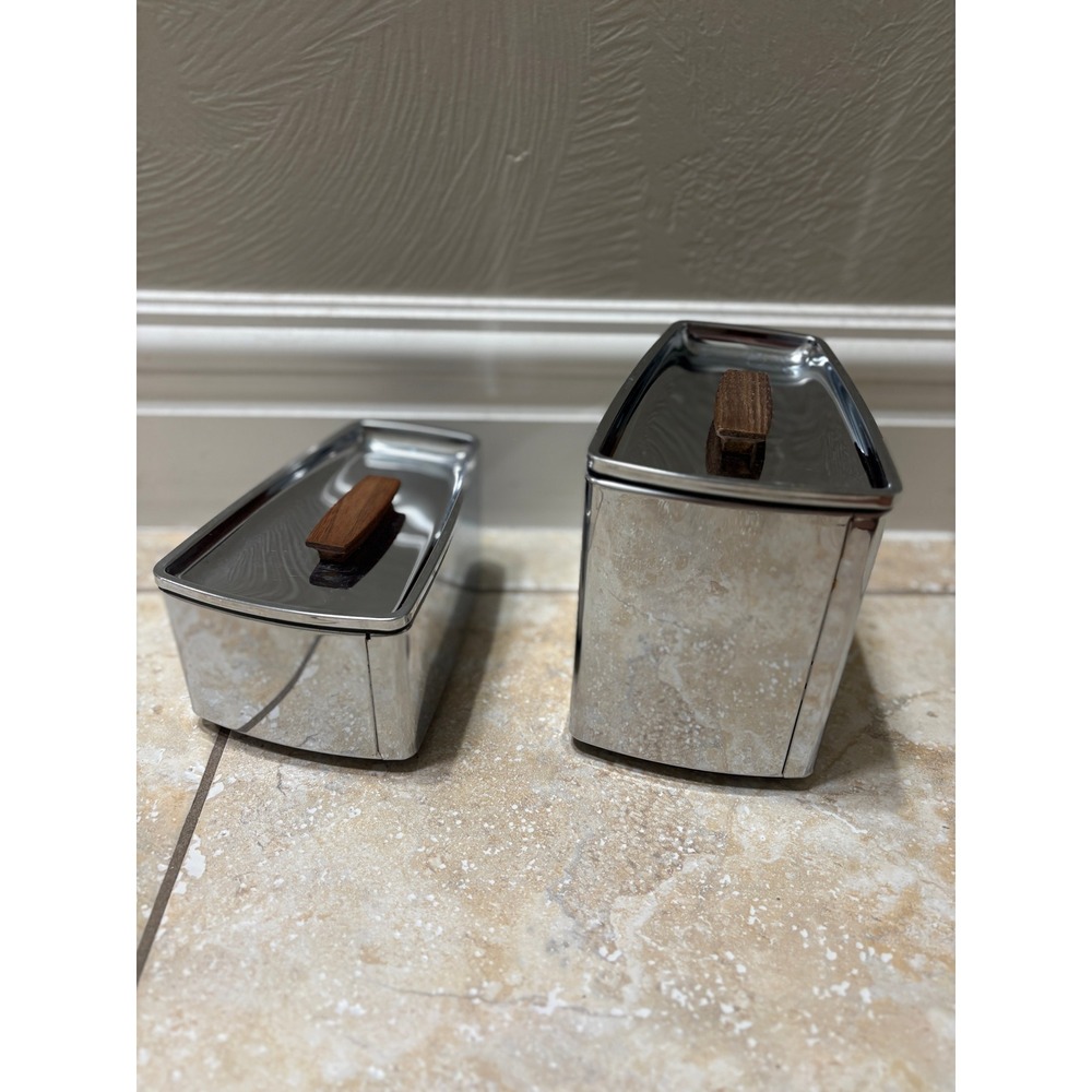Vintage Lincoln BeautyWare Chrome Tea Coffee Canister Set Wood Handles MCM